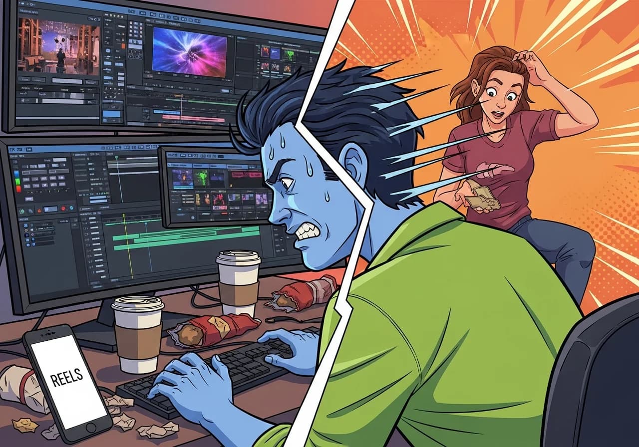 Cover Image for Split-screen comparison showing a frustrated creator spending hours editing in a traditional video editor on the left, versus a smiling creator generating multiple Instagram Reels in minutes using an AI tool on the right. The right side displays a clean dashboard with trending video templates, one-click generation buttons, and a growing views counter showing exponential growth. Warm lighting on the efficient side, cool frustrated lighting on the left. Modern workspace with smartphone displaying vertical 9:16 Reels format prominently.