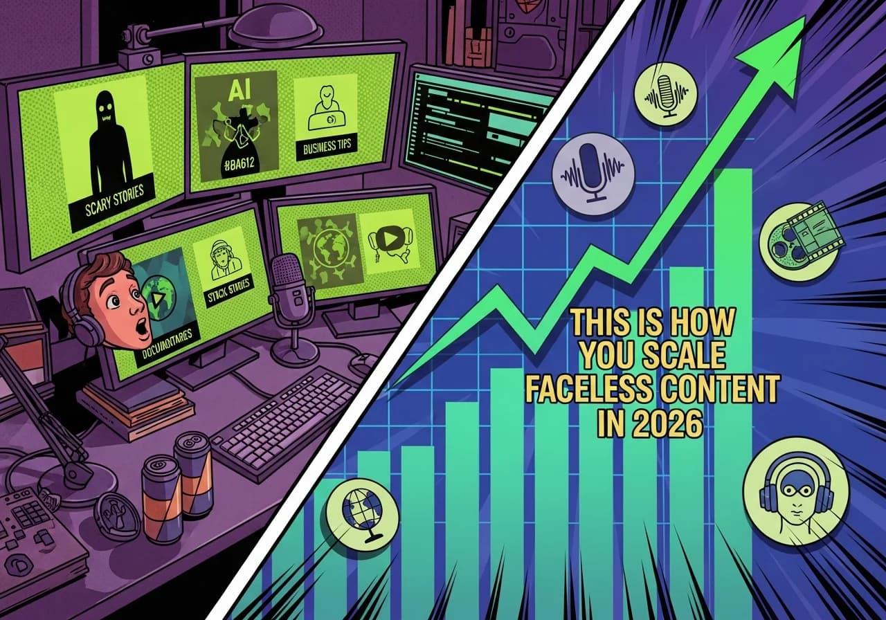 Cover Image for Split-screen comparison showing a content creator's workspace on one side with multiple AI-generated faceless video thumbnails (scary stories, business tips, documentaries) displayed on monitors, and on the other side a dramatic upward-trending graph showing view counts and engagement metrics in bright green, with floating icons representing voice waveforms, stock footage, and AI avatars, all bathed in modern purple and blue lighting that screams 'this is how you scale faceless content in 2026'