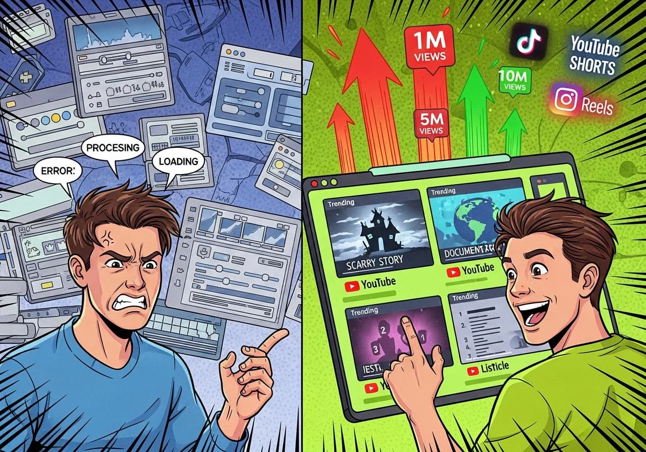 Cover Image for Split-screen comparison showing a frustrated creator surrounded by generic AI video tools on one side, and an excited creator using a sleek interface generating multiple viral faceless YouTube videos simultaneously on the other side. The successful side shows trending video thumbnails (scary stories, documentaries, listicles) popping up with view count graphs exploding upward in vibrant red and green. Background displays TikTok, YouTube Shorts, and Instagram Reels logos glowing. The image conveys the transformation from tedious manual work to effortless AI-powered faceless video creation at scale.