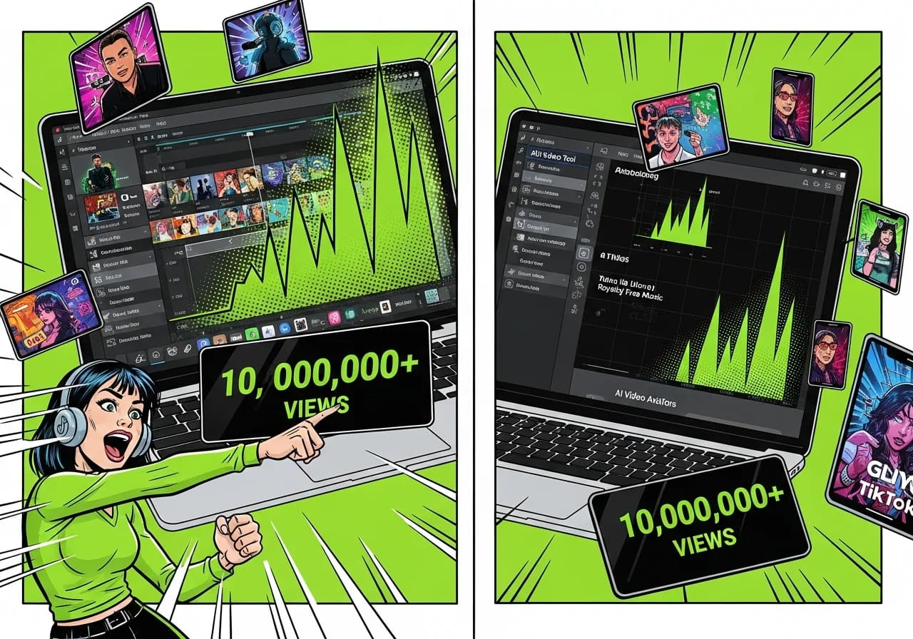 Cover Image for A split-screen comparison showing multiple AI video tool interfaces on laptop screens, with TikTok analytics charts spiking upward in bright green, viral video thumbnails floating around, and a creator looking excited while pointing at a 'views' counter hitting millions. Vibrant colors, tech-forward aesthetic, YouTube thumbnail style energy.