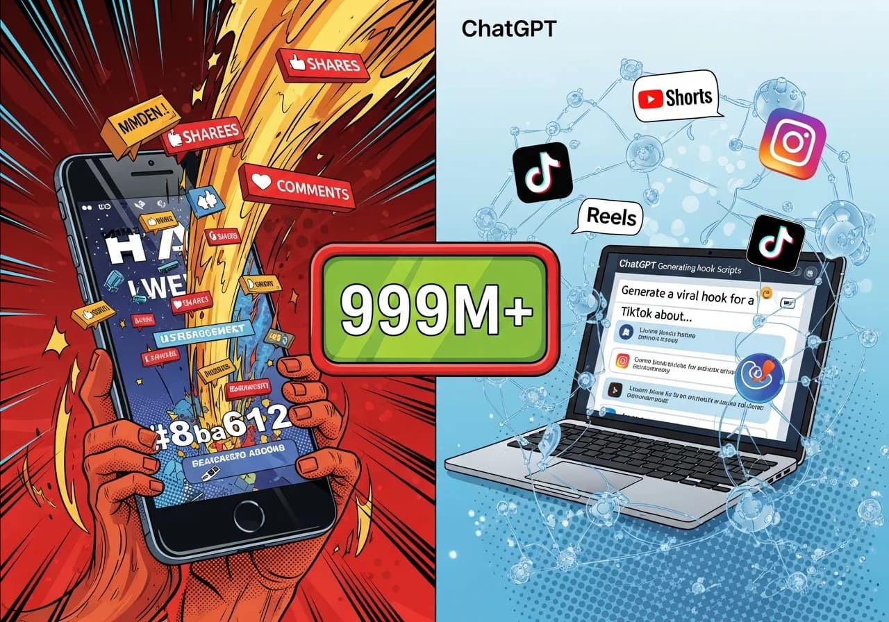 Cover Image for A vibrant split-screen composition showing on the left side a smartphone displaying a vertical video with animated text overlays and engagement metrics skyrocketing upward in bright red and gold colors, while the right side shows a laptop screen with ChatGPT generating hook scripts, surrounded by floating icons of TikTok, YouTube Shorts, and Instagram Reels logos, all connected by glowing neural network lines suggesting AI-powered content creation, with a massive view counter in the center displaying '1,000,000+' in bold neon digits