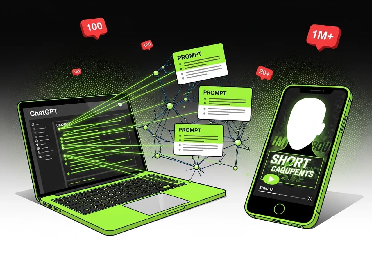 Cover Image for A split-screen composition showing on the left a laptop with ChatGPT generating a video script with glowing text lines, and on the right a smartphone displaying a faceless short video with dynamic captions and AI-generated visuals. In the center, three prompt cards float with bullet points, connected by neural network lines. The background shows a dark gradient with scattered views counter icons going from 100 to 1M+, suggesting exponential growth. The overall mood is modern, tech-forward, and success-oriented.
