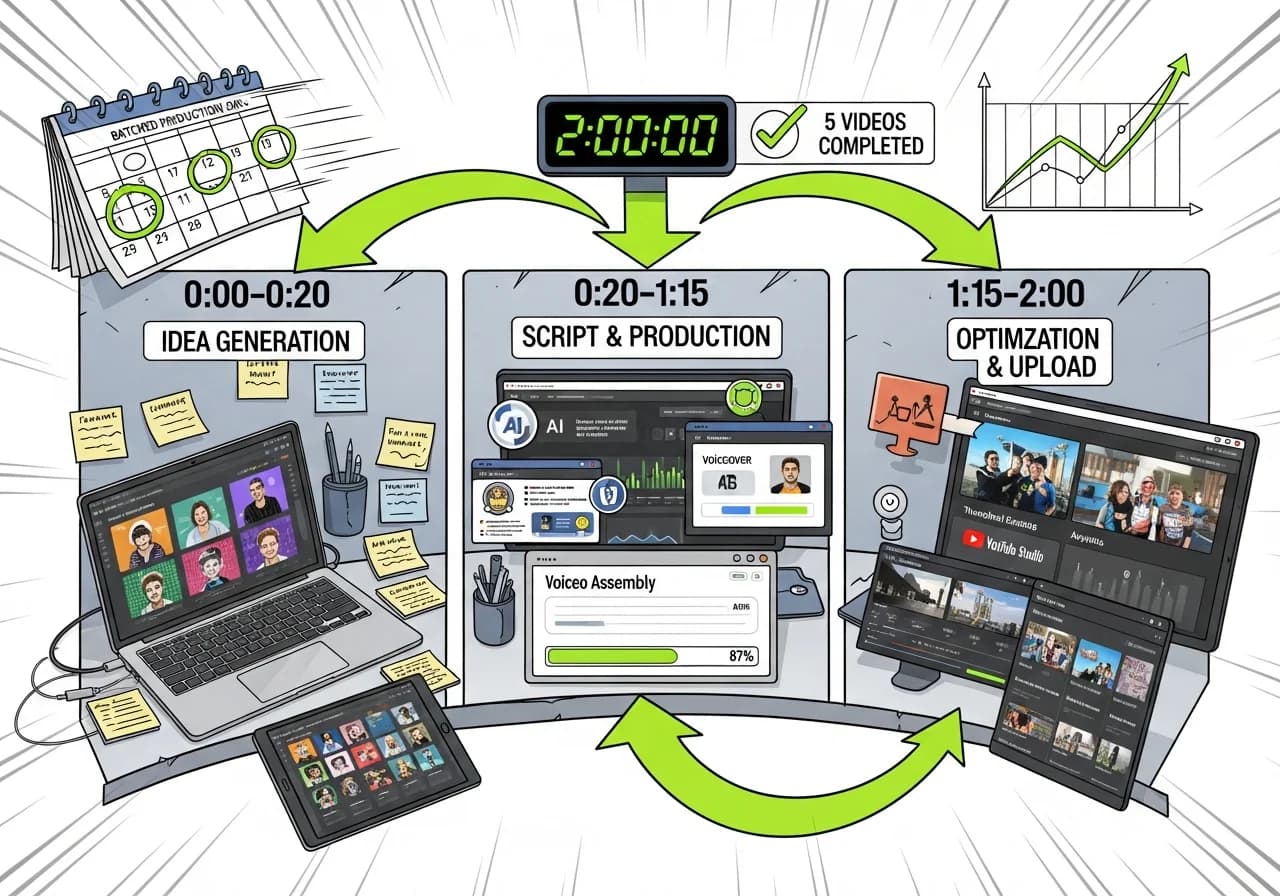 Cover Image for A bird's-eye view of an organized creator's workspace showing the complete 2-hour workflow visualized as a production assembly line. The desk is divided into clear time-block zones: left side shows '0:00-0:20 Idea Generation' with laptop displaying trending topics, sticky notes, and competitor analysis. Center shows '0:20-1:15 Script & Production' with AI tool interfaces generating scripts, voiceovers rendering, and video assembly progress bars at 87%. Right side shows '1:15-2:00 Optimization & Upload' with thumbnail variants being A/B tested, YouTube Studio upload interface, and analytics preview. Above the desk, a timer display shows '2:00:00' with a checkmark and '5 videos completed' counter. Visual flow arrows connect each stage. Background shows a calendar with batched production days circled, and a graph showing exponential growth from consistent posting. The image conveys systematic efficiency, organization, and scalable production that eliminates burnout through smart batching.