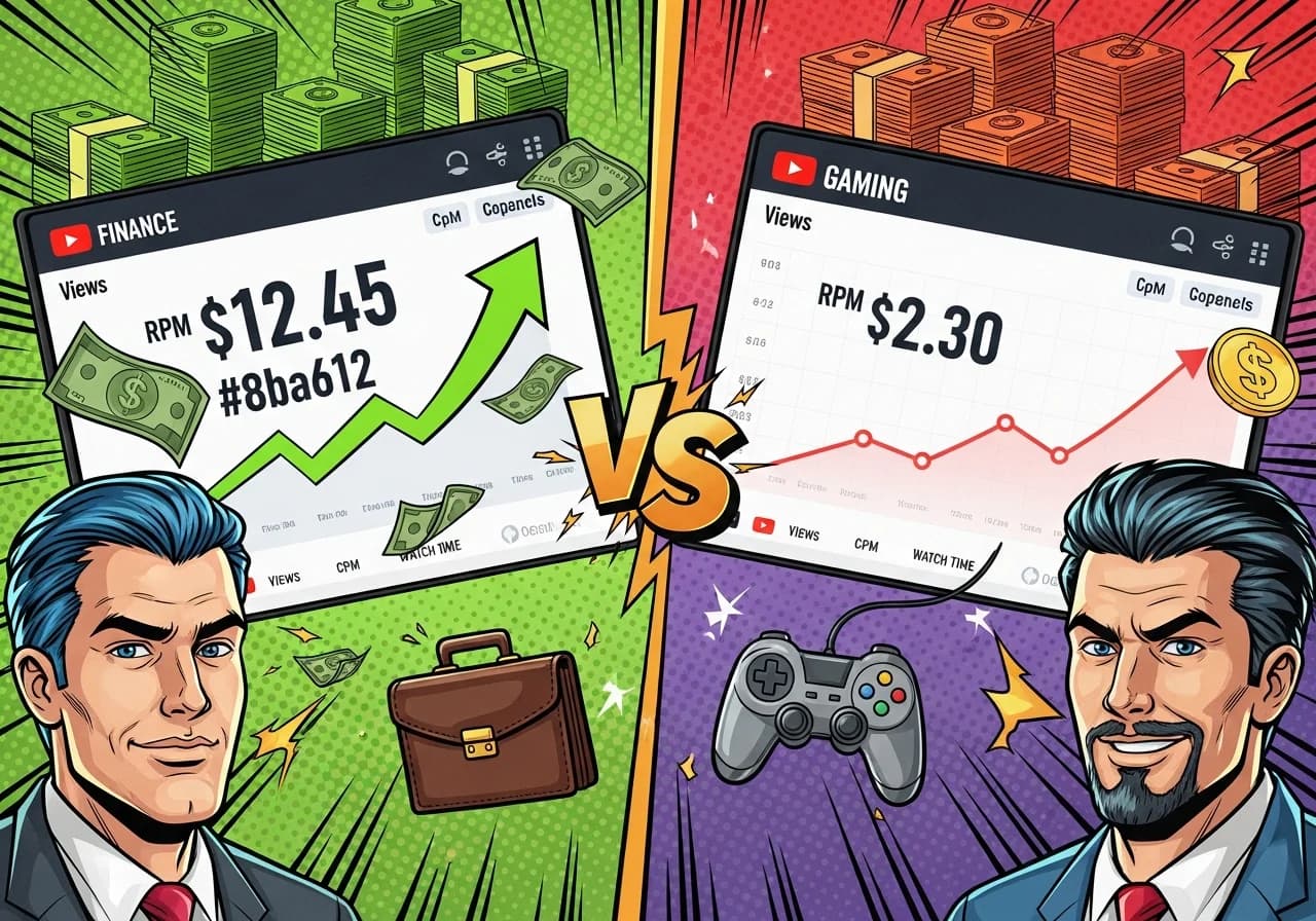 Cover Image for Split-screen composition showing two YouTube analytics dashboards side by side. Left side displays a finance channel dashboard with RPM at $12.45 highlighted in bright green, trending upward with dollar bills floating around it. Right side shows a gaming channel dashboard with RPM at $2.30 in dim red, trending flat. Center divider features a giant golden versus symbol (VS) with niche category icons (finance briefcase, gaming controller) on each side. Background shows stacks of money bills of different heights representing the earnings gap, with the finance side's stack 5x taller. Include subtle YouTube branding elements and metrics like views, CPM, watch time displayed on sleek dashboard interfaces. Photorealistic style with dramatic lighting emphasizing the stark contrast in earnings potential.