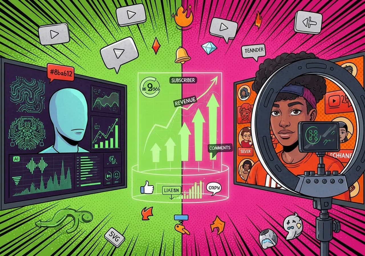 Cover Image for Split-screen comparison showing a faceless YouTube channel setup with AI-generated visuals, voiceover waveforms, and automation tools on one side, versus a face-on-camera setup with a creator on camera, ring light, and personal branding elements on the other. In the center, glowing analytics charts show subscriber growth curves, revenue graphs climbing upward in vibrant green, and engagement metrics. The background features iconic YouTube play buttons and trending notification icons, creating an exciting visual contrast between anonymity and personality-driven content creation strategies.