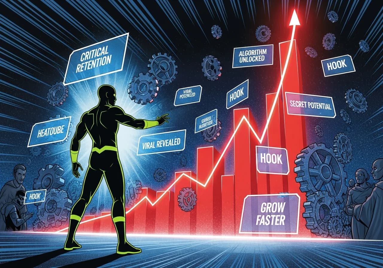 Cover Image for A silhouetted faceless creator figure standing before a massive glowing red retention graph shooting exponentially upward, surrounded by floating YouTube algorithm gears, hook text overlays on translucent screens, cinematic blue and red neon lighting, dramatic thumbnail energy, evoking the feeling of secret algorithm knowledge being unlocked for anonymous creators
