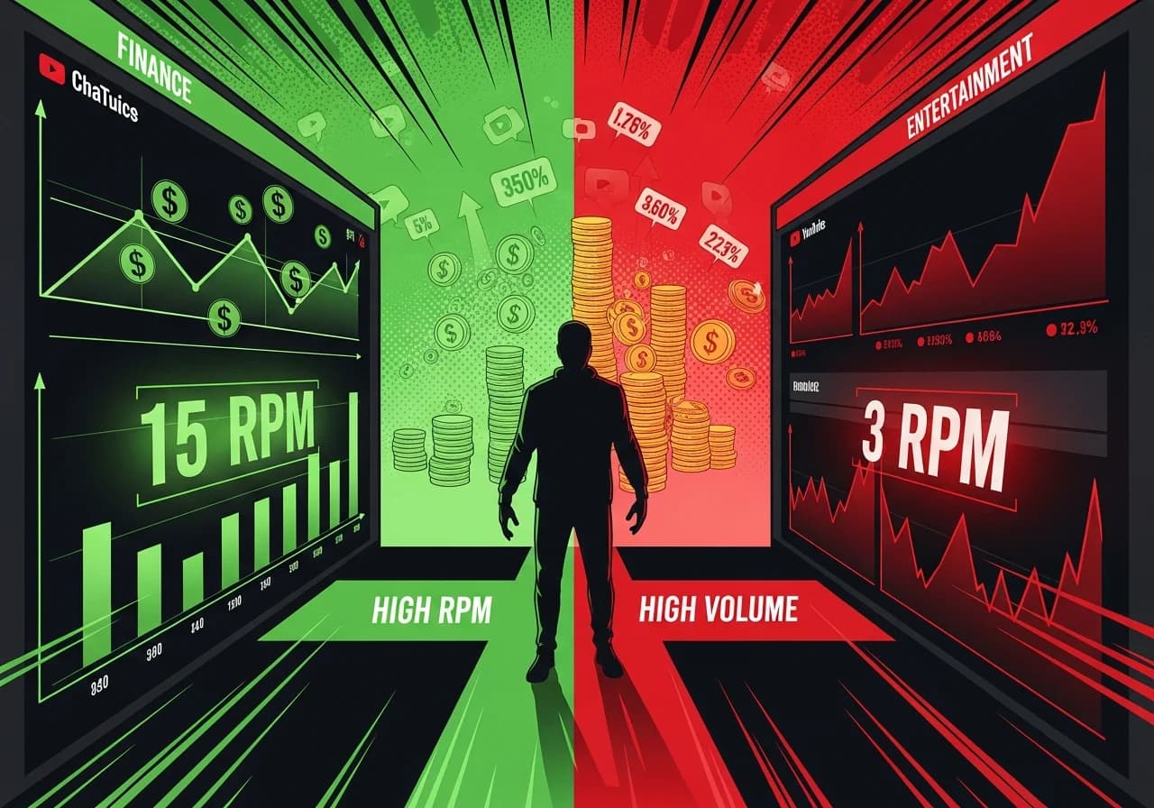 Cover Image for A split-screen composition showing two contrasting YouTube analytics dashboards: on the left, a finance channel with $15 RPM glowing in green with upward trending graphs and dollar signs, on the right, an entertainment channel with $3 RPM in red with lower metrics. In the center, a faceless creator silhouette choosing between paths labeled 'High RPM' and 'High Volume'. Background shows stacked coins, view count metrics climbing exponentially, and subtle YouTube branding elements. The image conveys the critical choice between niche profitability and volume, with an exciting, data-driven aesthetic using bold reds, greens, and dark UI elements reminiscent of successful YouTube thumbnails.