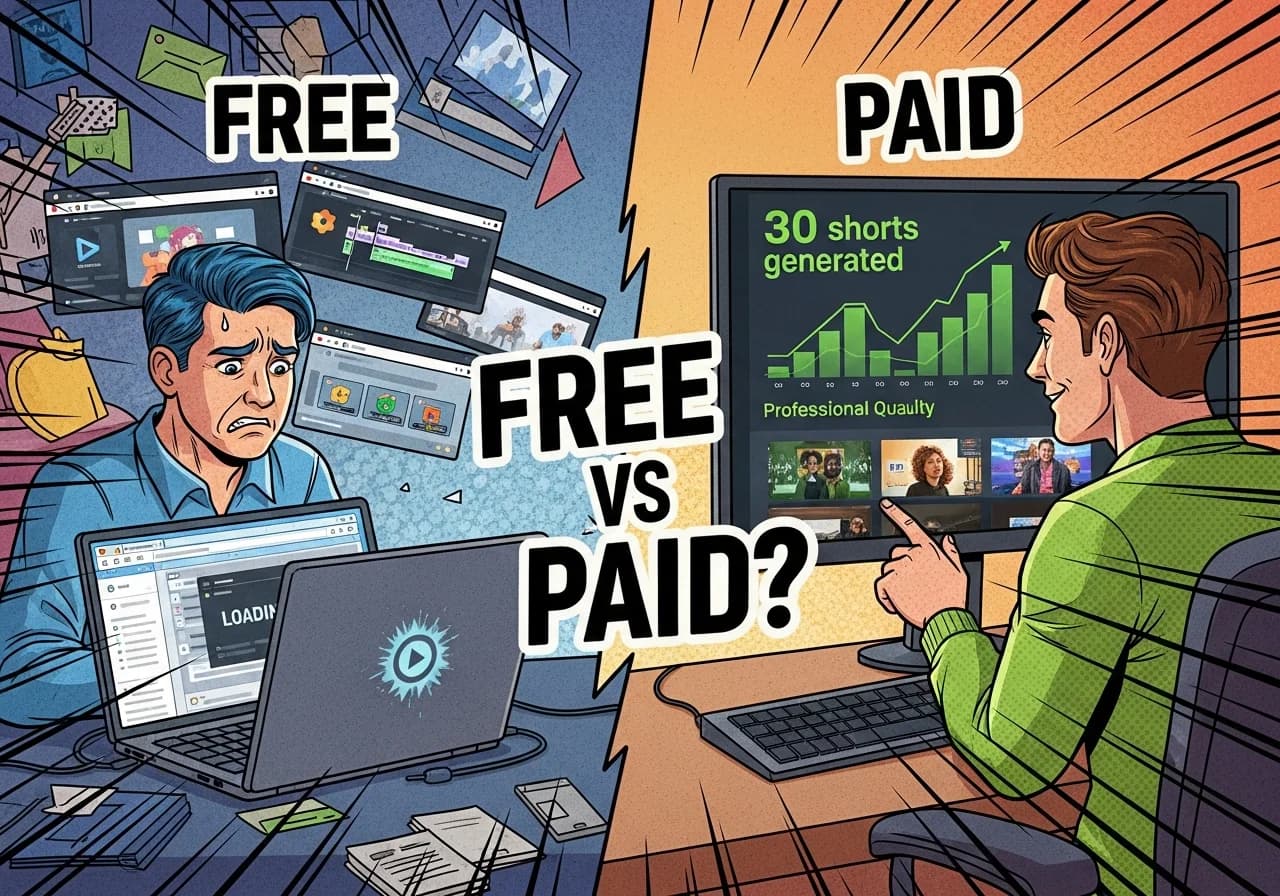 Cover Image for Split-screen comparison showing a frustrated creator at a laptop with multiple free tool tabs open and a loading spinner on the left, versus a confident creator on the right with a sleek dashboard showing '30 shorts generated' and a rising monetization graph in bright green. The left side is cluttered and dim, the right side is clean with professional-quality video thumbnails. A large 'FREE vs PAID' text overlay bridges both sides with a question mark, creating curiosity about which path leads to success. Photorealistic style with modern UI elements and contrasting warm/cool lighting.