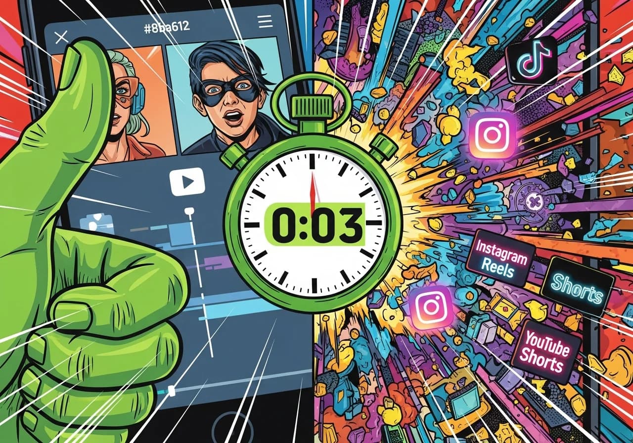 Cover Image for A dramatic split-screen showing a thumb hovering over a phone screen on the left side, and on the right side an explosion of colorful visual elements bursting from a vertical video frame. A large stopwatch showing 3 seconds dominates the center. Trending social media icons for TikTok, Instagram Reels, and YouTube Shorts glow in neon. The mood is urgent and dynamic, capturing the make-or-break moment of a viral hook.