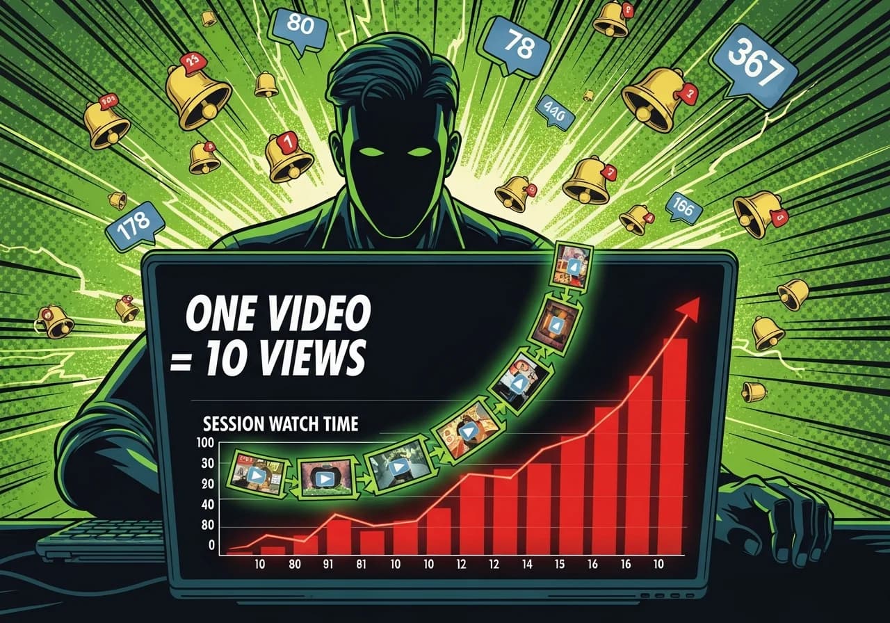 Cover Image for A dark, dramatic YouTube analytics dashboard showing a session watch time graph shooting upward in bright red, with a chain of glowing video thumbnails connected by arrows representing a binge playlist, overlaid with the text 'ONE VIDEO = 10 VIEWS' in bold white. The background shows a faceless silhouette at a computer surrounded by notification bells and view counters multiplying rapidly. The scene feels electric and data-driven, designed to make creators feel they're one strategy shift away from exponential growth.
