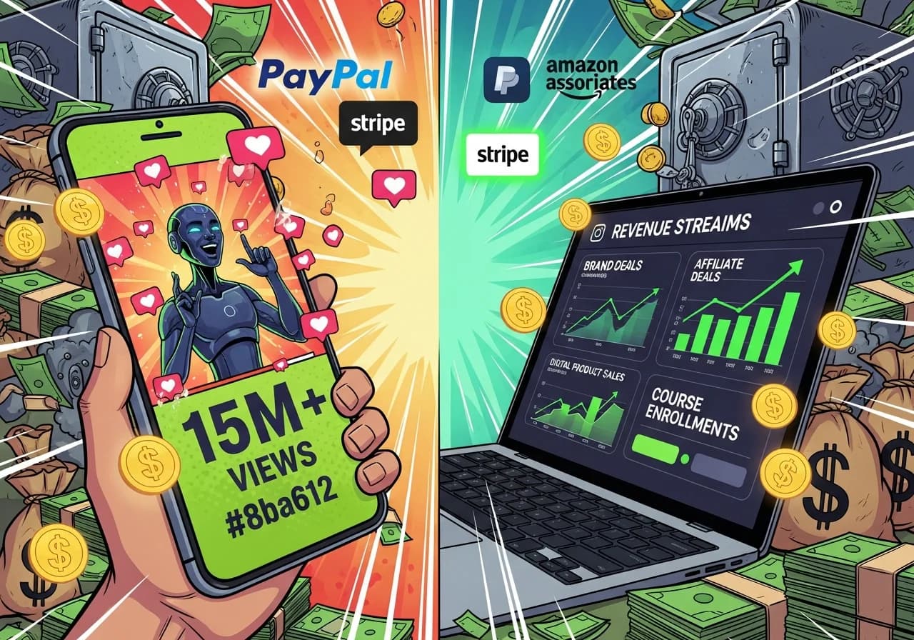 Cover Image for Split-screen image showing a smartphone displaying a viral Instagram Reel with millions of views on the left, and on the right, a laptop screen showing a dashboard with revenue streams flowing in from multiple sources: affiliate commissions, brand deals, digital product sales, and course enrollments, all visualized with upward-trending graphs in bright green. Dollar signs and notification badges glow around both screens. The background features stacks of money and payment platform logos (PayPal, Stripe, Amazon Associates). The overall vibe is aspirational and exciting, communicating 'this is how AI Reels creators are actually making serious money in 2026.'