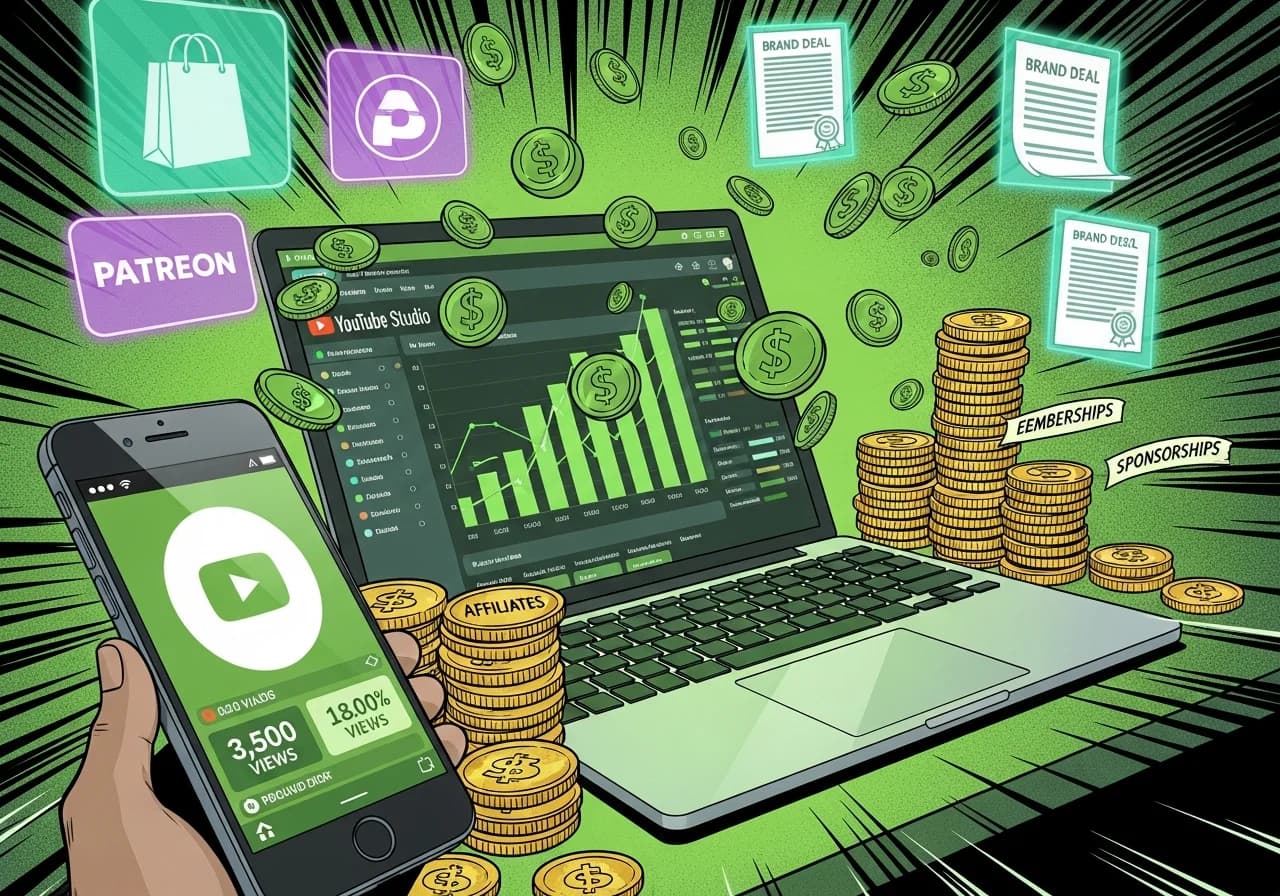 Cover Image for A sleek modern workspace showing a laptop screen displaying YouTube Studio analytics with rising revenue graphs in green, multiple dollar signs floating around, stacks of coins representing different revenue streams (ads, affiliates, memberships, sponsorships), a smartphone showing a faceless YouTube video thumbnail with high view counts, and holographic icons of shopping bags, Patreon logo, and brand deal contracts glowing in the background. The scene conveys financial success and multiple income sources without showing any human faces, emphasizing the faceless monetization concept with a professional, aspirational aesthetic.