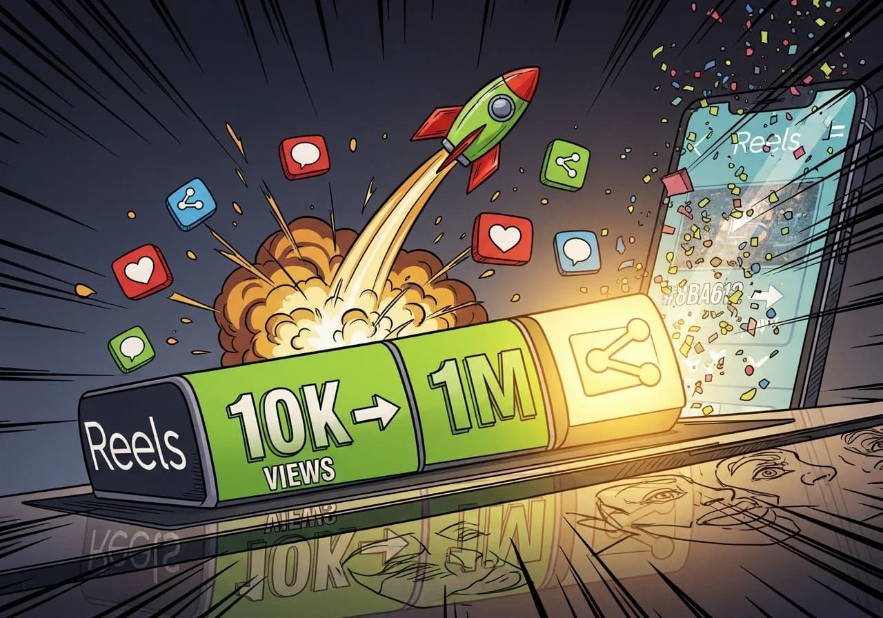 Cover Image for A dramatic analytics dashboard showing a Reels view counter exploding from 10K to 1M views with a rocket trajectory, surrounded by floating engagement icons (shares, hearts, comments) with the share/send icon glowing brightest in gold. The background shows a smartphone displaying a viral Reel with confetti effects, evoking the dream of hitting 1 million views.