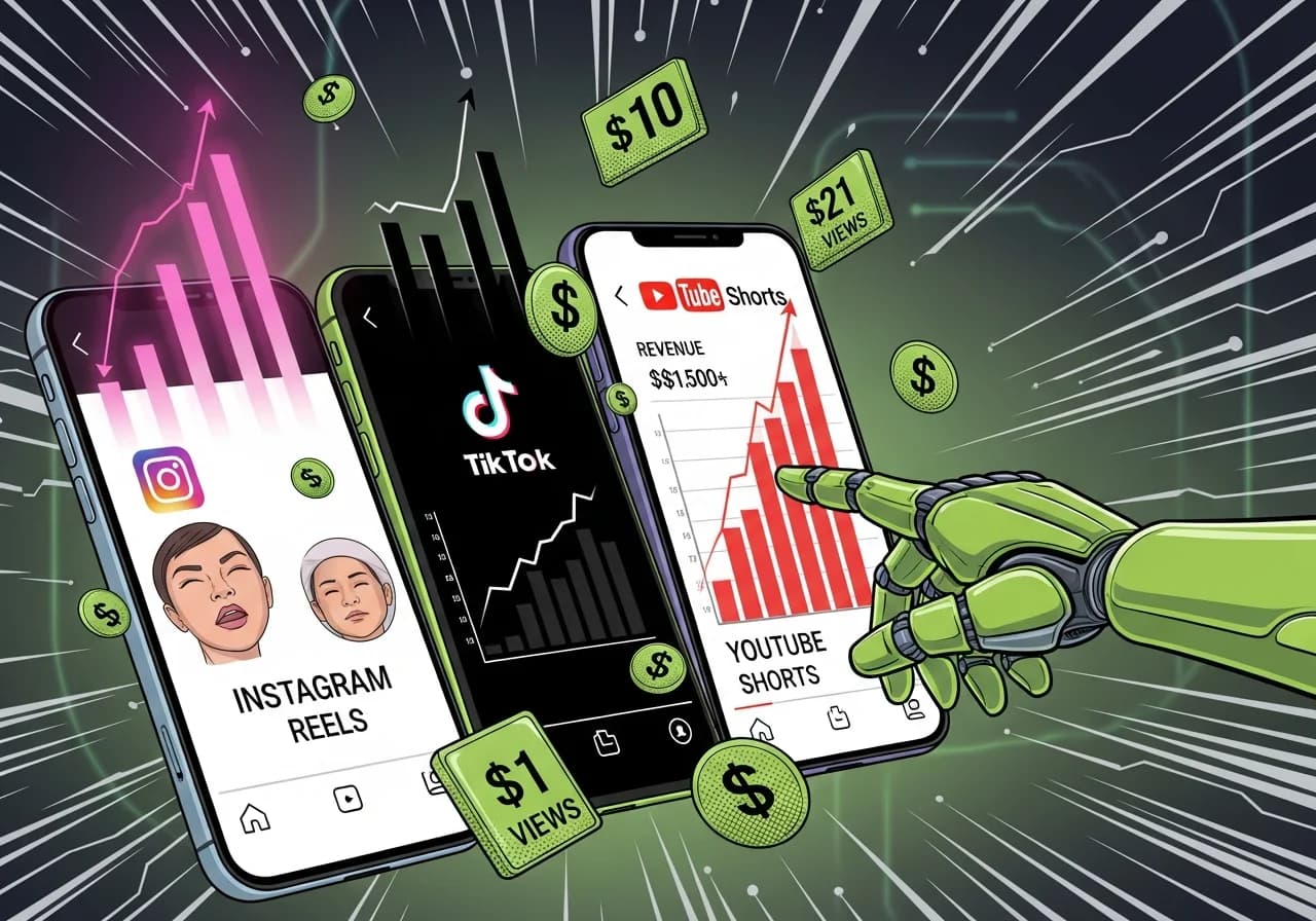 Cover Image for A dramatic split-screen comparison showing three smartphone screens side by side displaying Instagram Reels, TikTok, and YouTube Shorts interfaces, with glowing analytics graphs rising above each screen in different colors (pink for Instagram, black for TikTok, red for YouTube). Dollar signs and view counters float between screens, with an AI robot hand reaching toward the YouTube screen which shows the highest revenue numbers. The background features a dark gradient with subtle circuit patterns suggesting AI technology.
