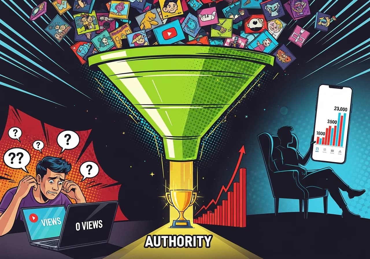 Cover Image for A high-energy YouTube thumbnail-style illustration showing a giant funnel graphic on a dark background with neon accents. At the wide top, a chaotic spread of random colorful thumbnails representing a scattered, unfocused channel. At the narrow bottom of the funnel, a tight beam of golden light hits a glowing trophy labeled 'AUTHORITY' with a bright red exponential growth chart shooting upward beside it. On the left side, a creator looking frustrated with zero views. On the right, a faceless channel creator sitting back relaxed while a vertical phone screen shows millions of views ticking up. The mood is competitive, aspirational, and urgent, designed to make any aspiring YouTube Shorts creator feel the FOMO of not having a niche strategy.