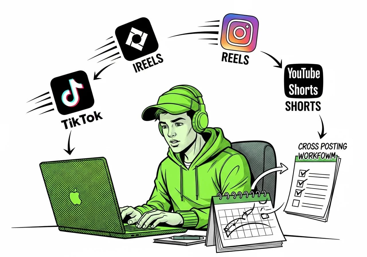 Cover Image for A content creator edits a vertical 9:16 video on a laptop, surrounded by icons of TikTok, Instagram Reels, and YouTube Shorts. A scheduling calendar and checklist on the desk illustrate a cross-posting workflow to repurpose the video across platforms.