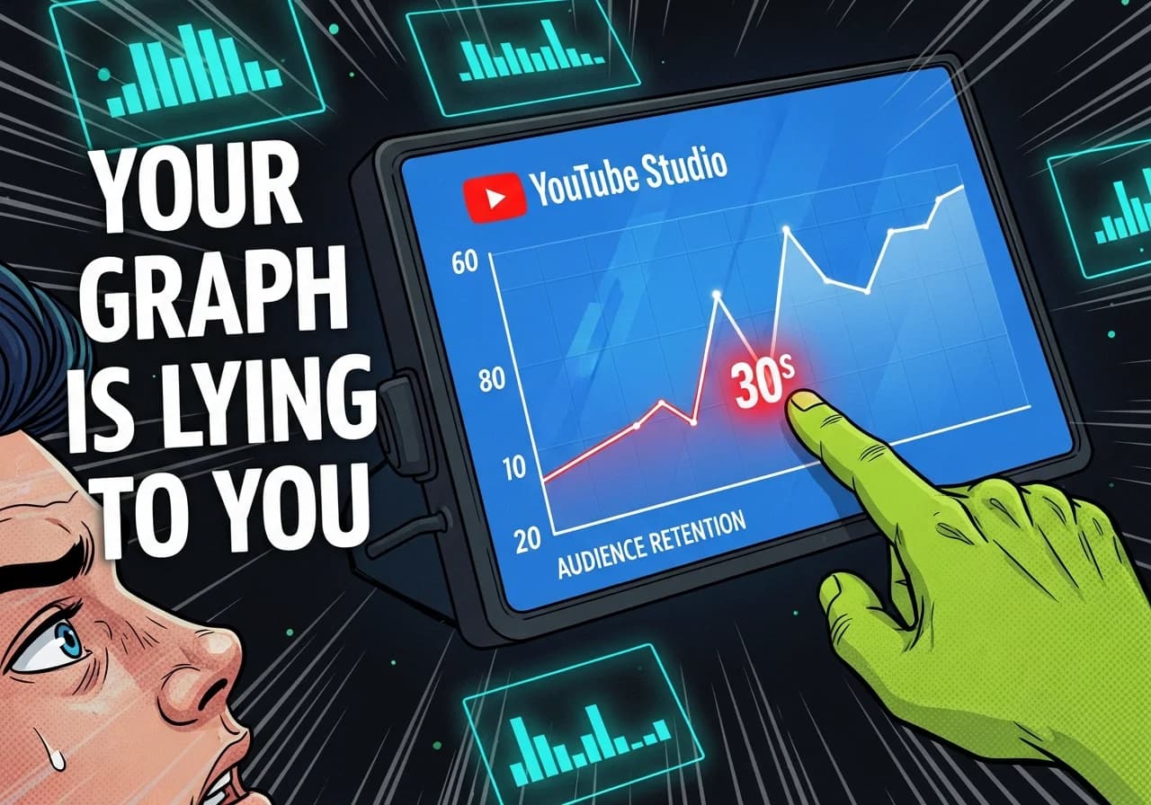 Cover Image for A dramatic close-up of a YouTube Studio screen showing a bright blue audience retention graph, with a sharp visible dip highlighted in red at the 30-second mark and a glowing spike mid-video. A creator's hand is pointing at the screen with a look of intense focus. The background is dark with neon data visualizations floating around. Bold text overlay reads 'YOUR GRAPH IS LYING TO YOU' in high-contrast white. The image feels urgent and technical, like a creator cracking the code to viral growth.