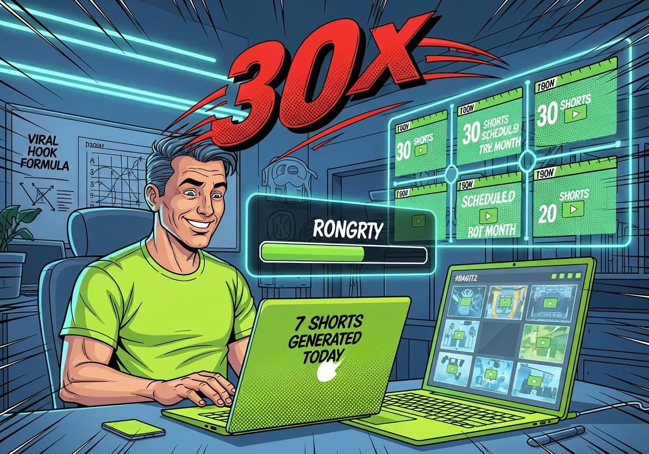 Cover Image for A focused creator sitting at a laptop in a clean home studio setup, surrounded by a glowing content calendar showing 30 shorts already scheduled for the month. On the screen, a batch of AI-generated video thumbnails lines up in a neat grid, each with a play button. A progress bar labeled '7 Shorts Generated Today' is almost full. On the wall behind, a whiteboard shows a viral hook formula. The mood is productive, slightly futuristic, with neon blue and green accent lighting. The creator is smiling. A big bold number '30x' floats above the screen in red, hinting at the output multiplier this system delivers. The image should feel aspirational, like what a content machine looks like in 2026.