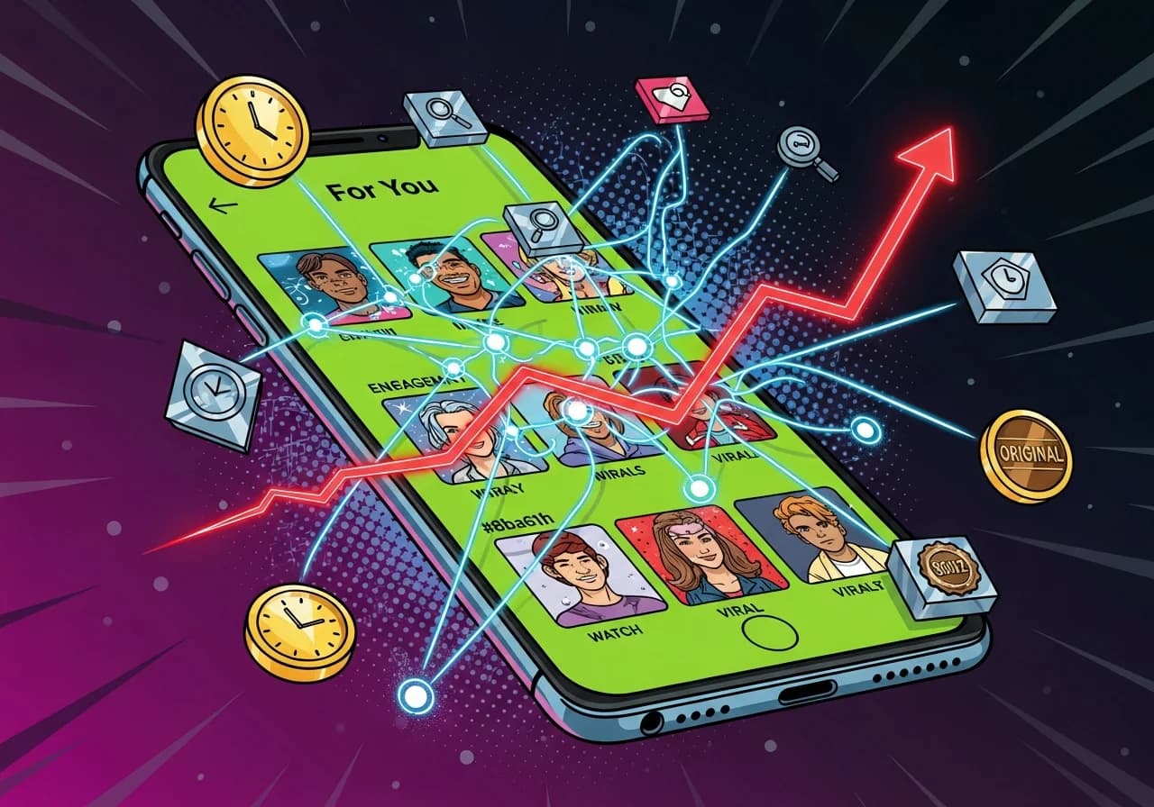 Cover Image for A futuristic phone screen displaying TikTok's For You Page with glowing algorithm visualization lines connecting viral videos, a rising engagement graph in neon red showing exponential growth, floating icons representing watch time clocks, search magnifying glasses, and originality badges, all set against a dark gradient background with subtle AI circuit patterns, conveying the feeling of cracking the code to viral success.
