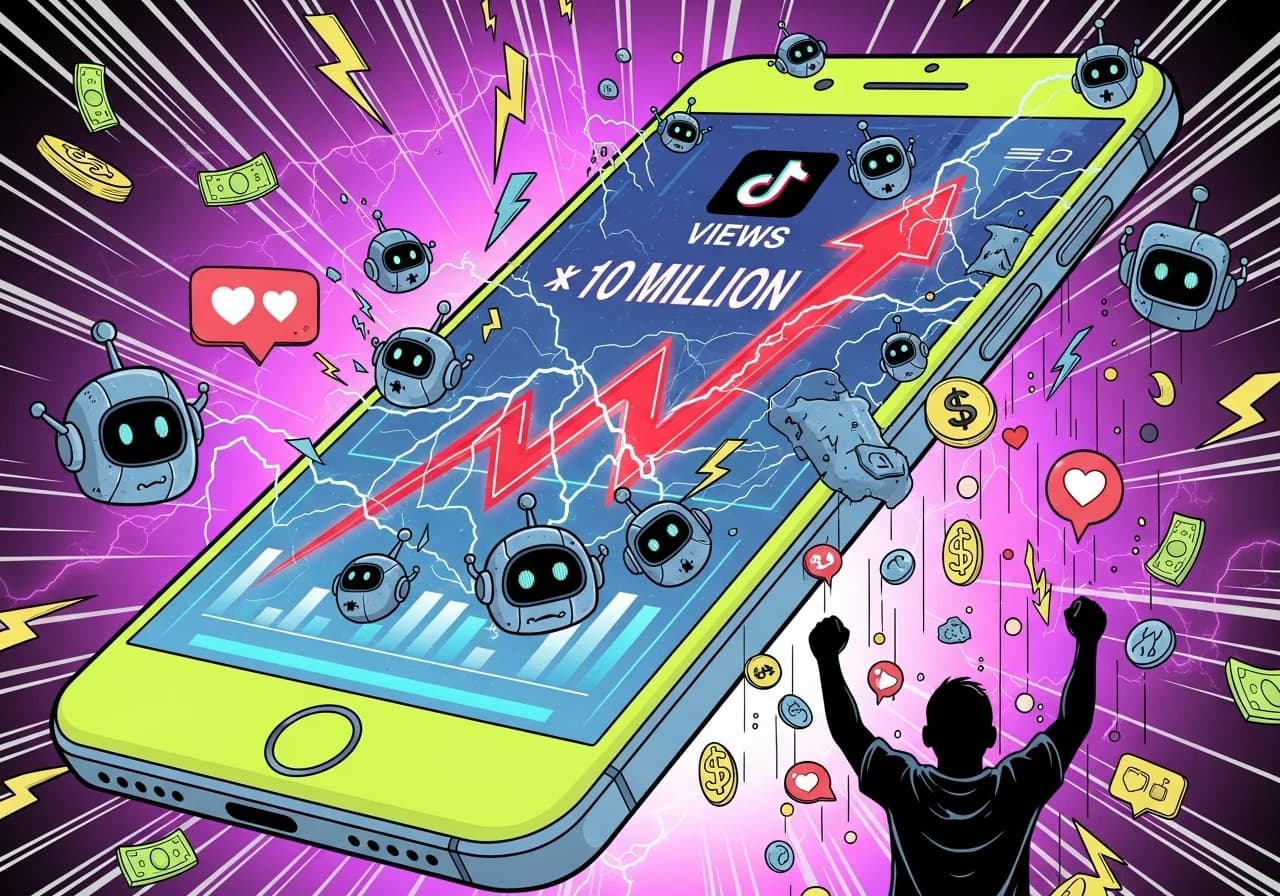 Cover Image for A dramatic smartphone screen showing a TikTok analytics dashboard with a massive red arrow pointing upward, views counter exploding past 10 million, surrounded by floating AI robot icons and lightning bolts, neon purple and pink gradient background, creator celebrating with arms raised in silhouette, money symbols and engagement icons raining down, futuristic holographic interface style, ultra-modern and exciting visual that makes viewers dream of viral success