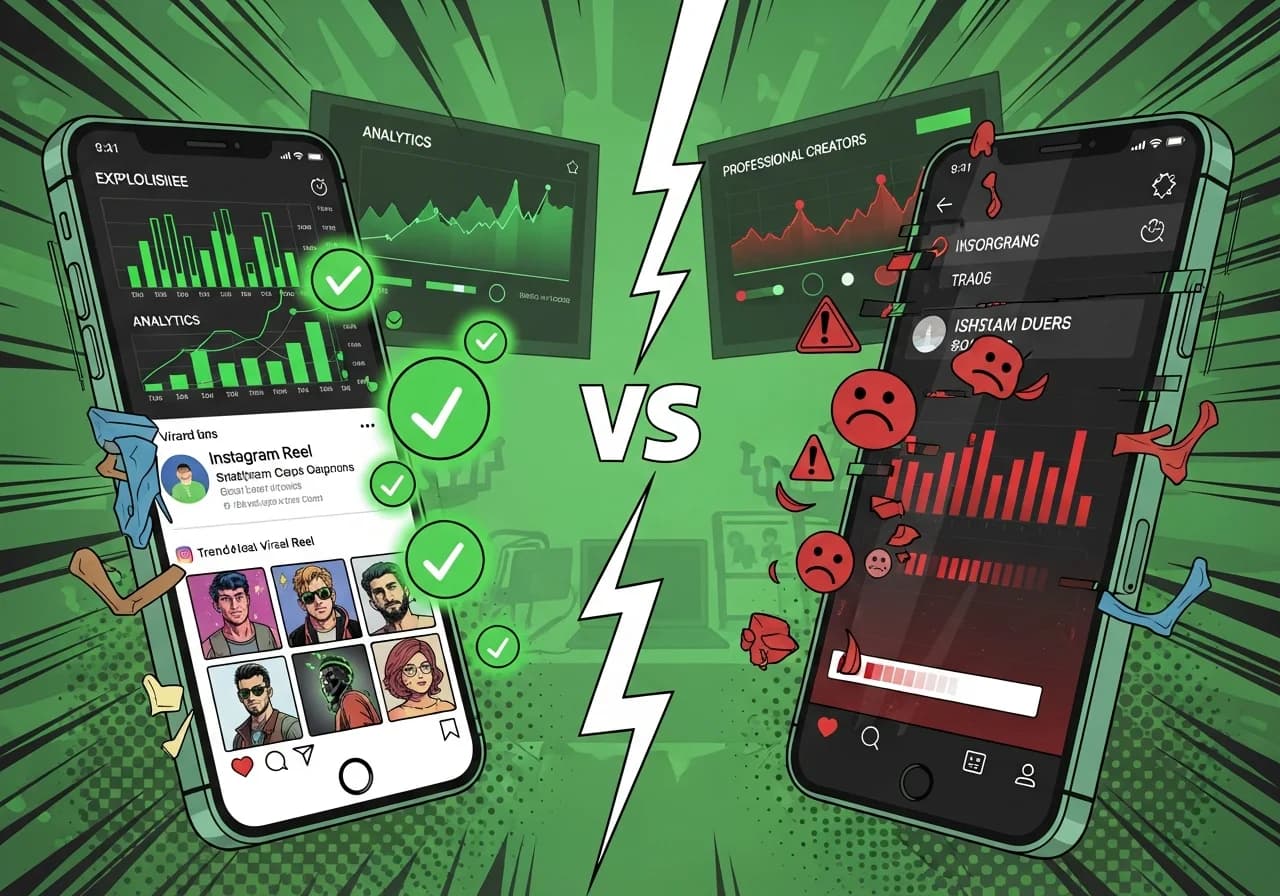 Cover Image for Split-screen comparison showing two smartphone screens side by side. Left screen displays a polished, viral-ready Instagram Reel with dynamic captions and trending visuals, glowing green checkmarks floating around it. Right screen shows a glitchy, buffering video with red warning signs and a sad face emoji. Background features a dramatic versus battle aesthetic with lightning bolts between the phones. Professional creator workspace visible behind, with analytics dashboards showing explosive growth charts in neon green on one side and flatline metrics in red on the other.