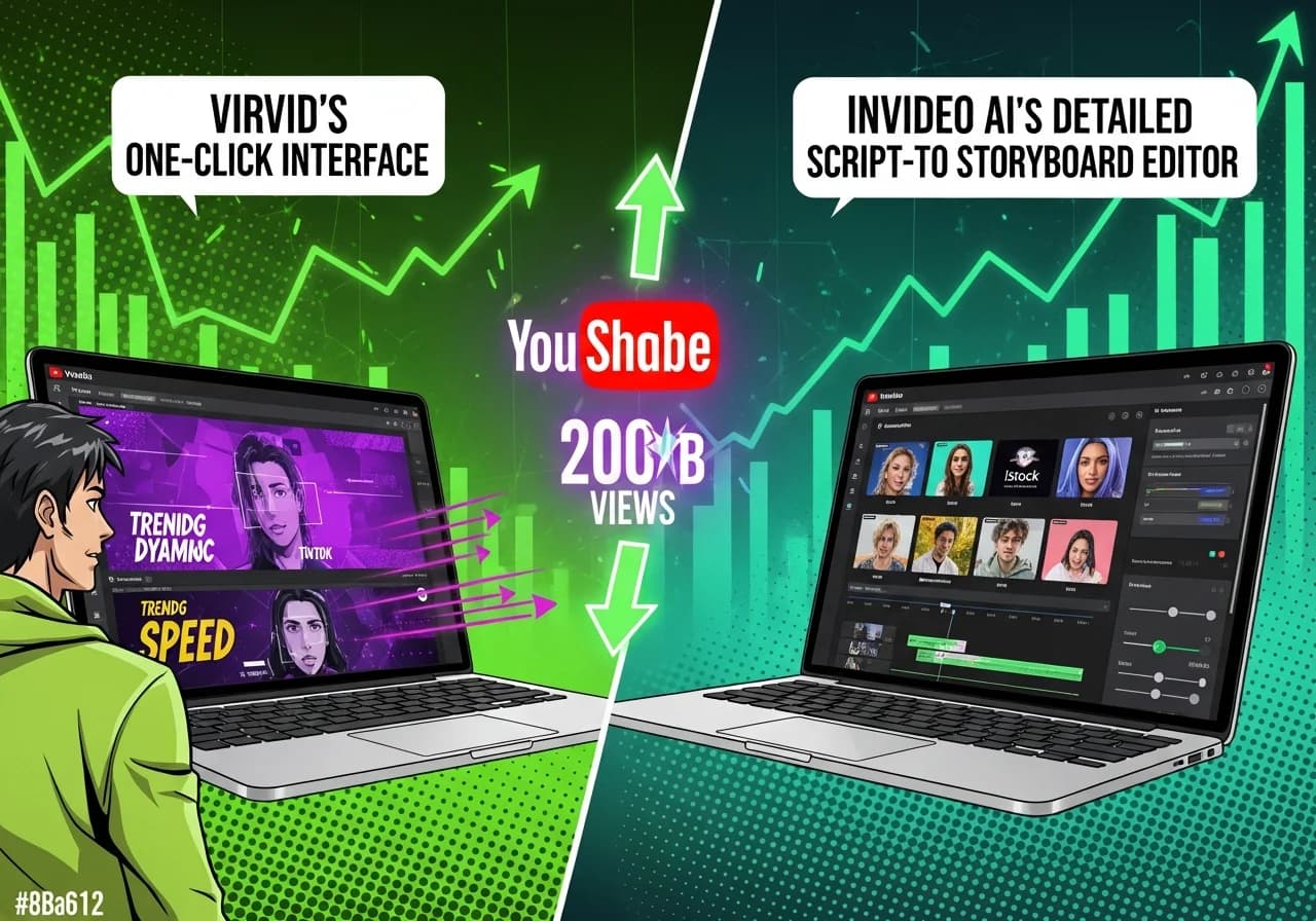 Cover Image for Split-screen comparison showing a laptop with Virvid's one-click interface generating a viral TikTok-style video on the left (with trending purple anime aesthetic and dynamic captions), versus InVideo AI's detailed script-to-storyboard editor on the right (showing iStock footage grid and timeline controls). Between them, a glowing YouTube Shorts logo with 200B views counter ticking up rapidly. Background features algorithm charts trending upward in neon green. Style: modern tech product comparison thumbnail with high contrast, vibrant colors, clean UI mockups.