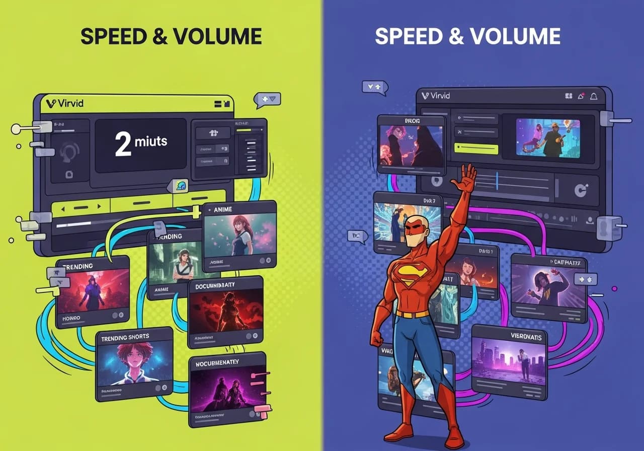 Cover Image for A split-screen visual showing two contrasting video production workflows. On the left, a fast-paced Virvid interface with a 2-minute timer counting down, trending Shorts formats (horror, anime, documentary styles) flowing rapidly through a production pipeline, with mobile-first vertical videos and dynamic captions. On the right, a more methodical Pictory workflow showing horizontal video templates, longer timelines, professional stock footage libraries, and polished marketing-style outputs. Between them, a scale balancing 'Speed & Volume' against 'Polish & Control'. The Virvid side glows with energetic neon colors and quick transitions, while the Pictory side has elegant, corporate aesthetics with refined details. Both show creator dashboards with video counts and revenue metrics.