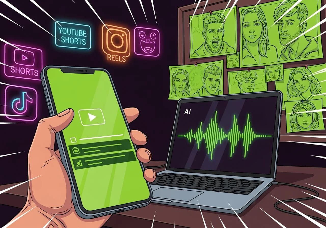 Cover Image for A content creator’s workspace with a smartphone showing a vertical video timeline, an AI voice waveform on a laptop screen, storyboard sketches pinned up, and neon icons of YouTube Shorts, Instagram Reels, and TikTok glowing in the background.