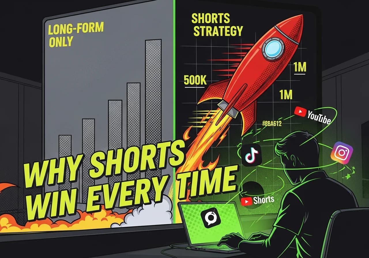 Cover Image for A split-screen comparison image styled like a YouTube thumbnail: on the left, a slow-climbing bar graph labeled 'Long-Form Only' in dull grey; on the right, a blazing red rocket-shaped graph labeled 'Shorts Strategy' shooting upward past 100K, 500K, 1M views. A faceless dark silhouette sits at a glowing laptop with TikTok, YouTube Shorts, and Instagram Reels logos orbiting around the screen. Bold yellow text overlay reads: 'Why Shorts Win Every Time', electric, eye-catching, aspirational.