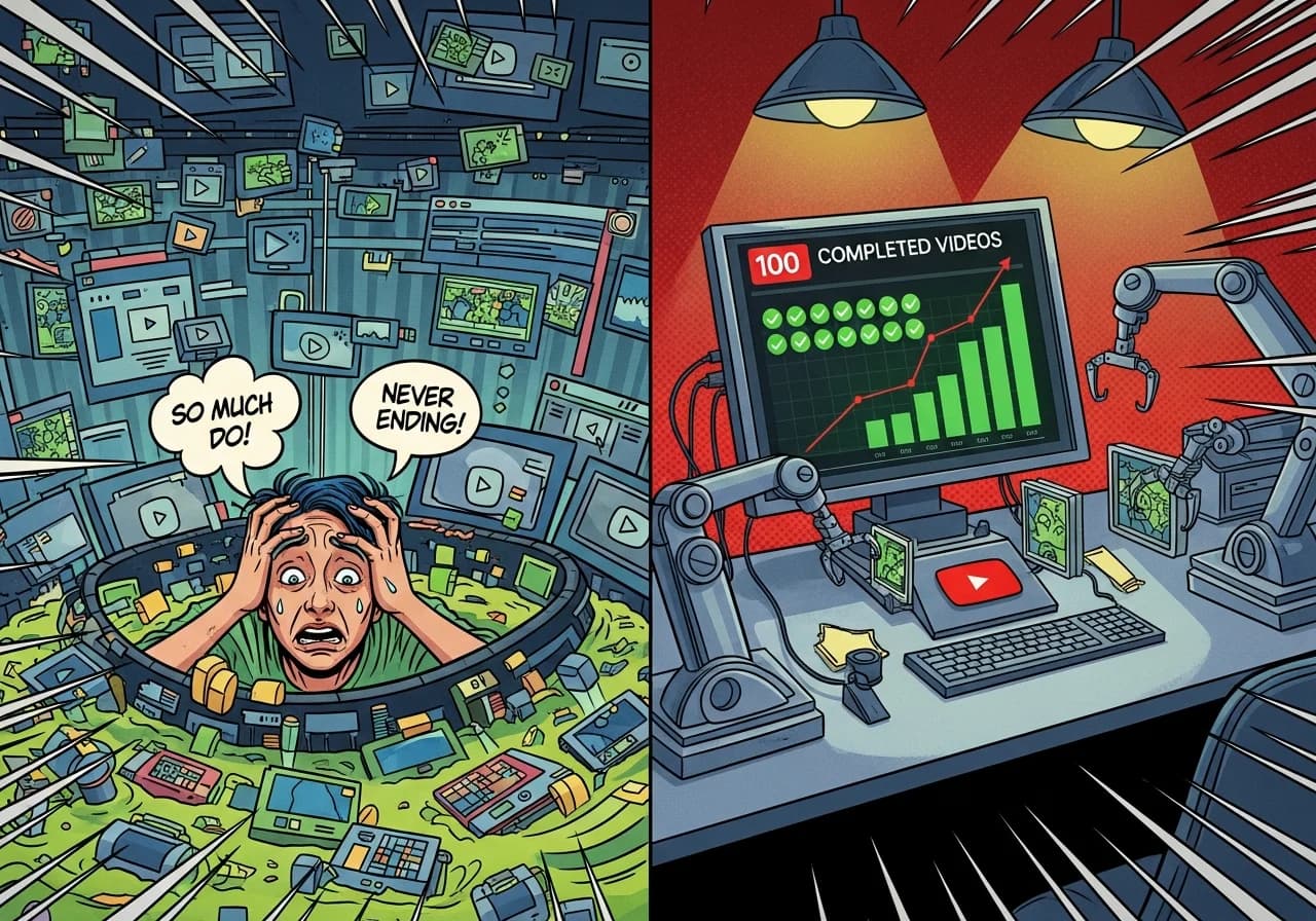 Cover Image for Split-screen composition showing left side: chaotic overwhelmed creator drowning in video editing timeline with dozens of unfinished projects, right side: calm organized workspace with automated dashboard showing 100 completed videos, green checkmarks, rising analytics graph, robotic arms assembling video elements efficiently, subtle YouTube logo, red and white color scheme, professional yet dramatic lighting emphasizing the transformation from chaos to systemized success