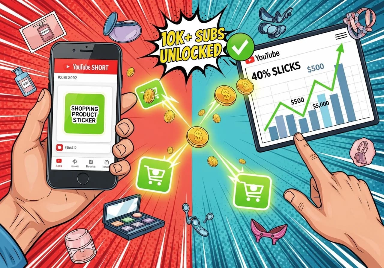 Cover Image for A split-screen composition showing a smartphone displaying a YouTube Short with a prominent Shopping Product Sticker on the left, and on the right side, a dashboard with graphs showing a 40% increase in clicks and commission earnings climbing from $500 to $5,000. In the center, glowing dollar signs and shopping cart icons connect the two sides. The color scheme uses YouTube red, green growth arrows, and gold coins. The creator's hand is visible holding the phone, while the other hand points to the rising revenue graph. Small product thumbnails (beauty items, tech gadgets, fashion accessories) float around the edges. Text overlay reads '10K+ SUBS UNLOCKED' with a checkmark. The image conveys the dream of passive affiliate income through YouTube Shorts.